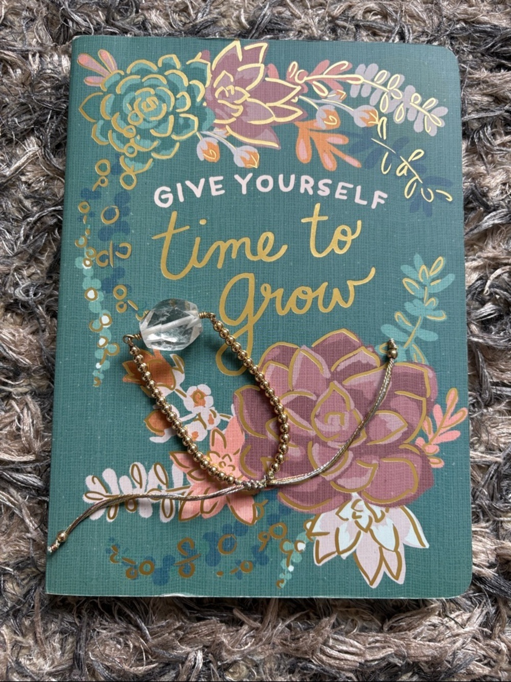Floral 'Give Yourself Time to Grow' Journal & Clear Quartz Healing Bracelet Set